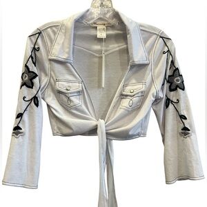 Cropped Tie-Front Blouse with Black and Gray Embroidered Floral Sleeves